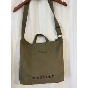 Inside Out Canvas Carryall Olive Green Bag 18” X 14.5” Snap Closure